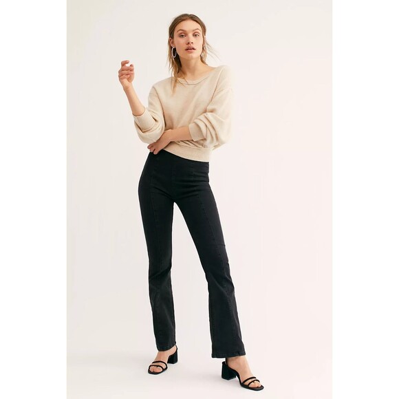 Free people slim Pull-On Flare Seamed Jeans Size 26 Black Retro Neutral Mid Rise - Picture 1 of 9